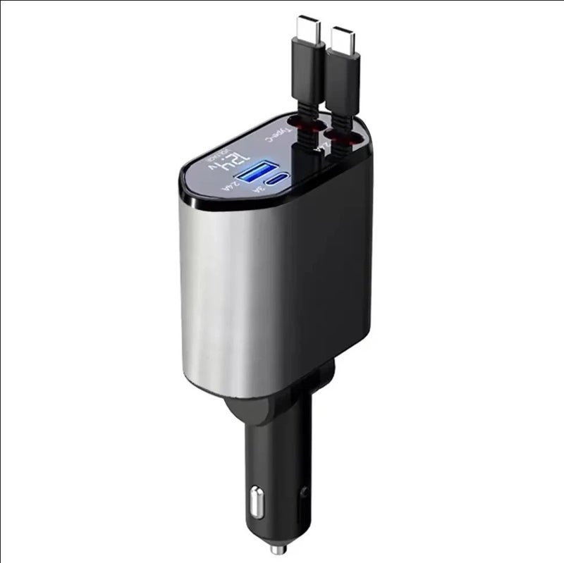 Bluejw Super Fast 4-in-1 Retractable Car Charger - 180° Adjustable USB Adapter with Display for iPhone 16 & Samsung - Automobile Charger - Image 1